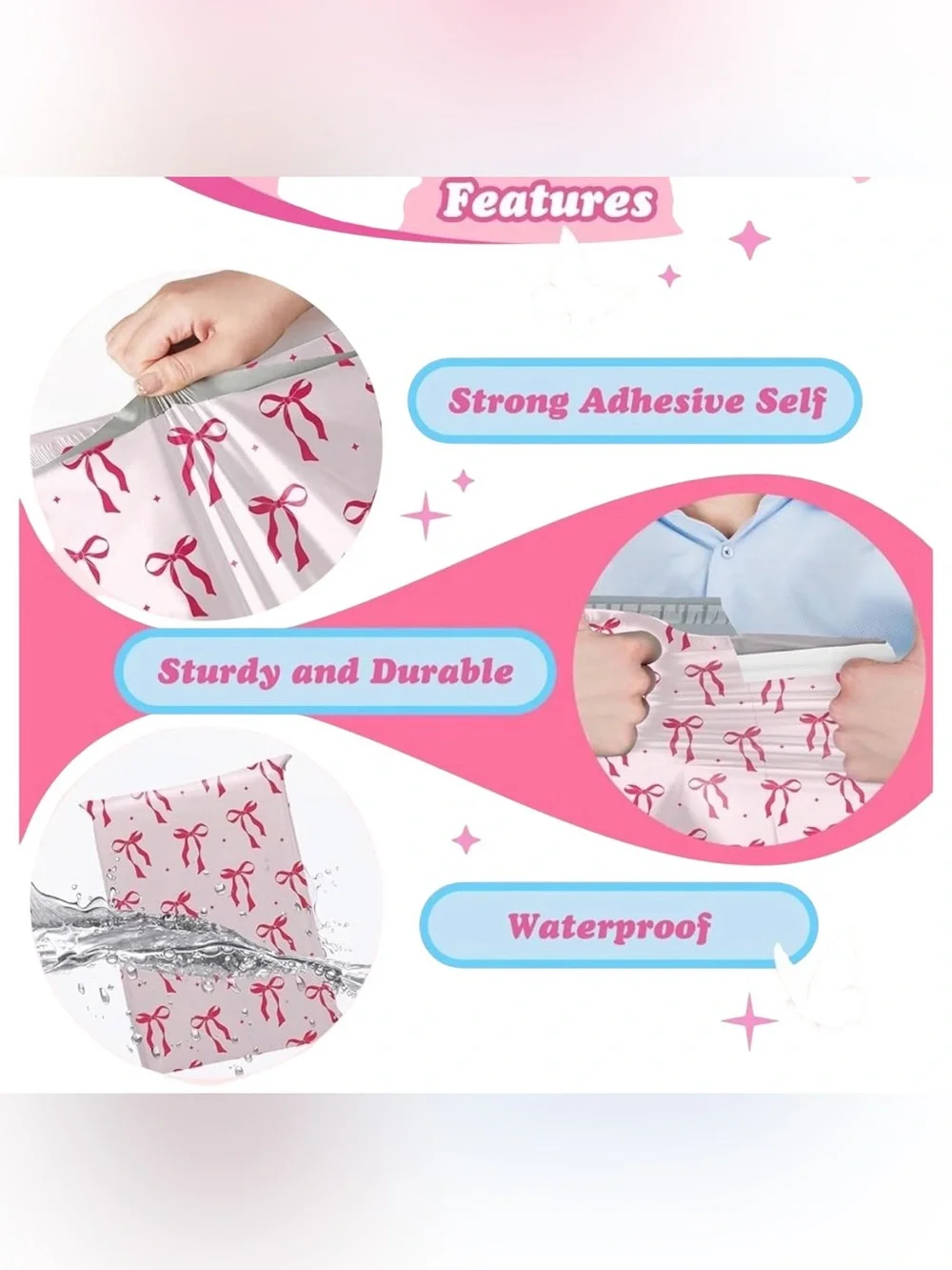 Fuxury Poly Mailers 14.5x19 Inch 10 Pcs- Pink Bows Polymailers New - Picture 3 of 5